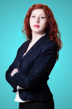 success business long red hair woman on blue background