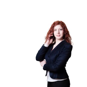 long red hair businesswoman on the phone on white background