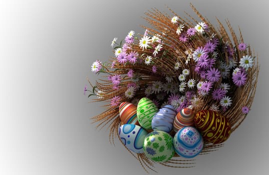 decorated Easter eggs with plants and flowers