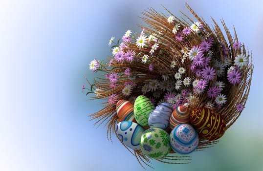 decorated Easter eggs with plants and flowers