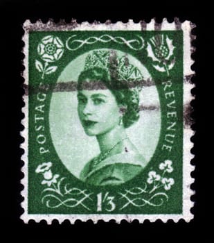 UNITED KINGDOM - CIRCA 1952: A postage stamp printed in United Kingdom shows a portrait of queen Elizabeth II, circa 1952.