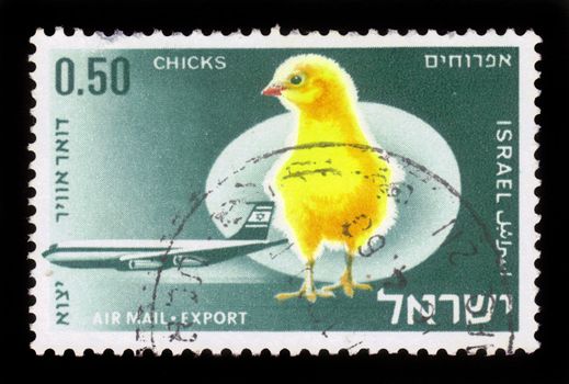 ISRAEL - CIRCA 1968: A stamp printed in Israel, shows Image chick on the background transport aircraft of El Al , series Israel products exported by air, circa 1968