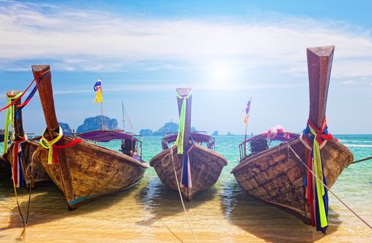 Traditional longtail boats in Railay beach, Thailand