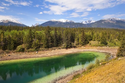 Forest and sky reflected in the beautiful emerald lake. Banff Alberta,Canada