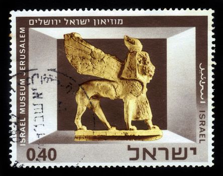ISRAEL - CIRCA 1966: A stamp printed in Israel, shows Exhibits of the Israel Museum, Jerusalem: Phoenician Ivory Sphinx , series, circa 1966
