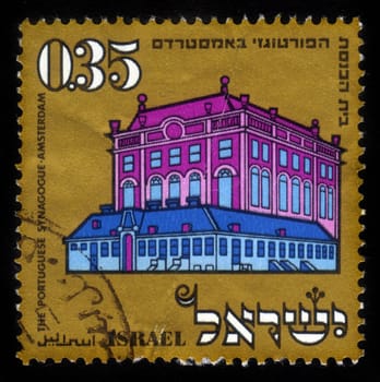 ISRAEL - CIRCA 1970: A stamp printed in Israel, shows building of the Portuguese synagogue in Amsterdam , series, circa 1970