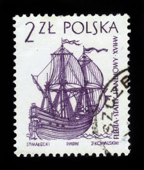 POLAND - CIRCA 1964: stamp printed by Poland, shows sailing ship - fleuta (fluit) , Dutch merchant ship, circa 1964