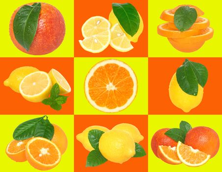 Set orange and lemon with leaves on a checkered background.