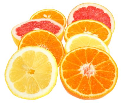 Fresh orange and tangerine on a white background.