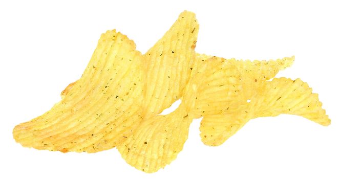 Potato chips on a white background.