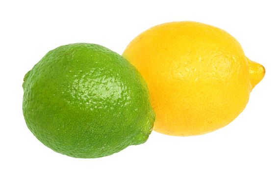 Fresh limes and lemons on a white background.
