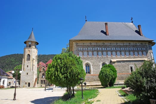 Historic complex in Romania: Tower and church of Stephen the Great