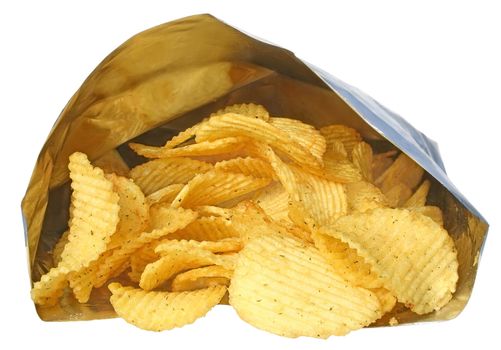 Potato chips on a white background.