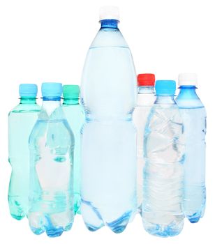 Bottles with water on a white background.