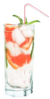 A glass of ice water and grapefruit.
