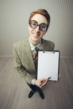 Business man nerd holds a blank sign, ready for your text, old style image