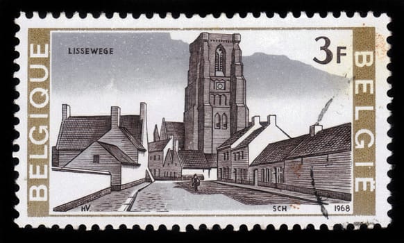BELGIUM - CIRCA 1968: A stamp printed by Belgium, shows church in the small village of Lissewege, Belgium, circa 1968