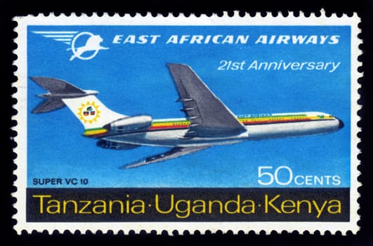 KENYA, UGANDA ,TANZANIA - CIRCA 1962: British stamp valid in Kenya, Uganda and Tanzania , shows airliner of east african airways super vc-10, circa 1962