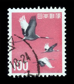 JAPAN - CIRCA 1963:A post stamp printed in Japan and shows japanese (manchurian) cranes, red-crowned crane (grus japonensis), flight of birds, circa 1963