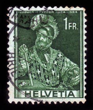 SWITZERLAND - CIRCA 1944: A stamp printed in Switzerland shows image of Ludwig Pfyffer (1524-1594), the Swiss military leader,chief magistrate of Lucerne, circa 1944