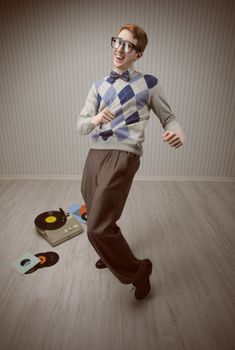 Nerd student enjoys dancing alone