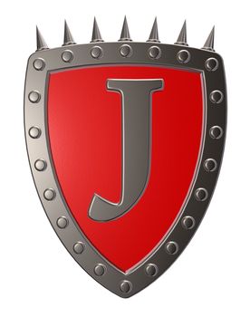 metal shield with letter j on white background - 3d illustration