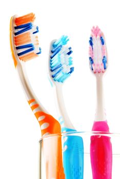 Composition with toothbrushes isolated on white background