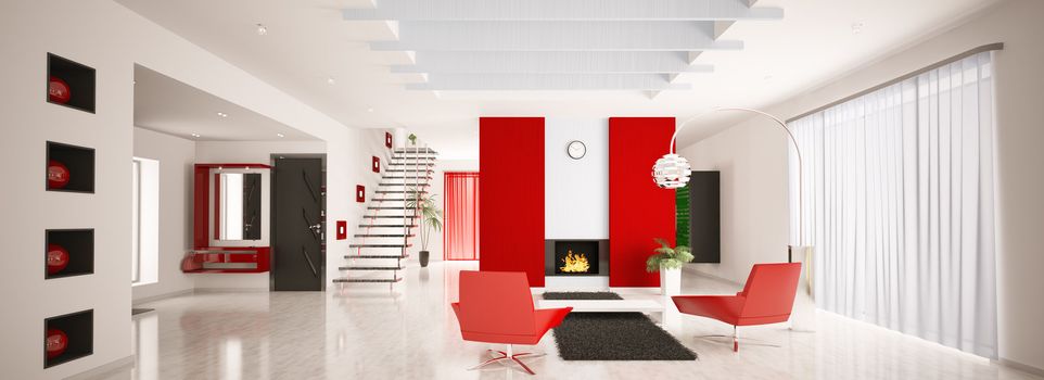 Interior of modern apartment living room hall panorama 3d render