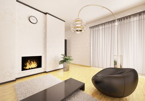 Interior of modern living room with fireplace and black armchair 3d render