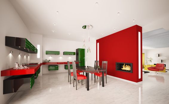 Interior of modern green red kitchen with fireplace 3d render