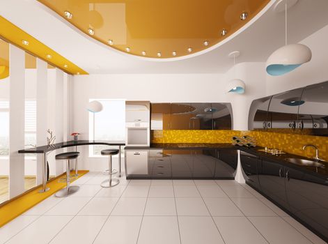 Interior design of modern orange black kitchen 3d render