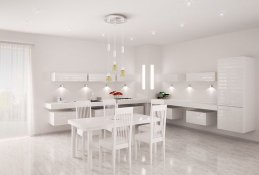 Interior of modern white kitchen 3d render