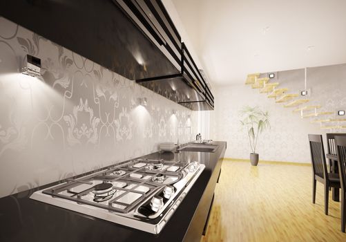 Interior of kitchen with modern gas stove 3d render