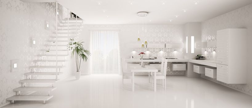 Interior design of modern white kitchen panorama 3d render