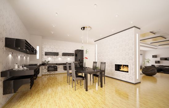 Interior design of modern kitchen with fireplace 3d render