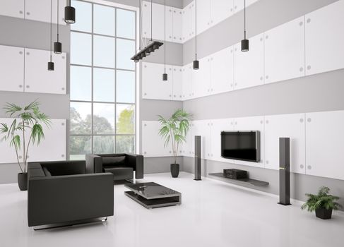 Living room with black sofa, armchair and lcd interior 3d render