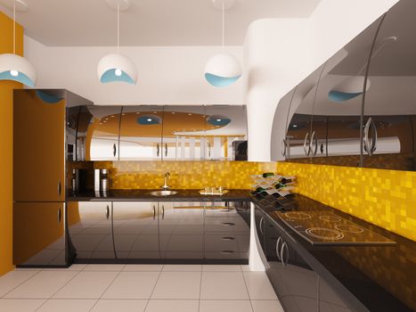 Interior design of modern black kitchen 3d render