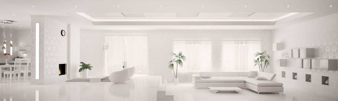 White home interior of modern apartment living room kitchen panorama 3d render