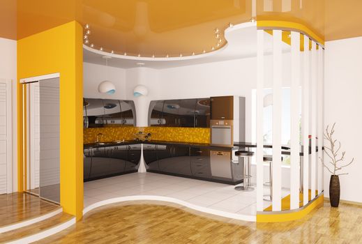 Interior design of modern orange black kitchen 3d render