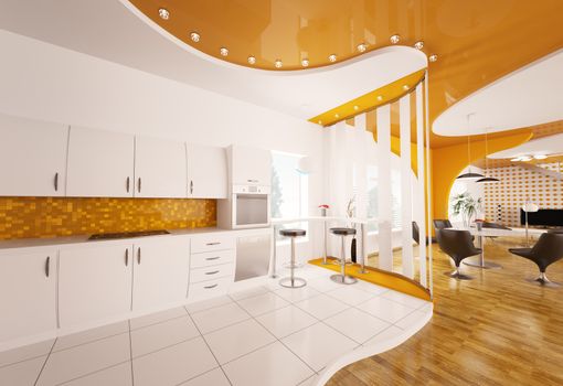 Interior design of modern white orange kitchen 3d render