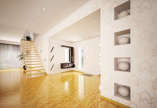 Modern interiordesign of hall with staircase 3d render