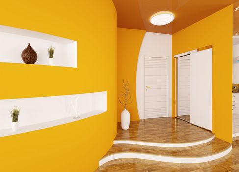 Modern interior of orange entrance hall 3d render