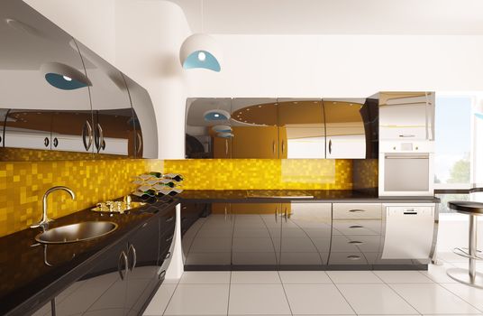 Interior design of modern orange black kitchen 3d render