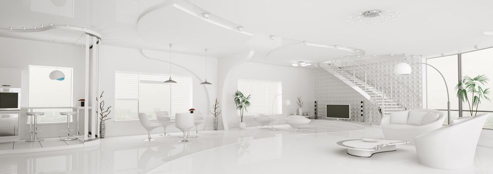 Interior of modern white apartment living dining room kitchen panorama 3d render