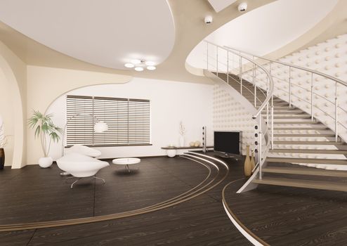 Modern interior of living room with staircase 3d render