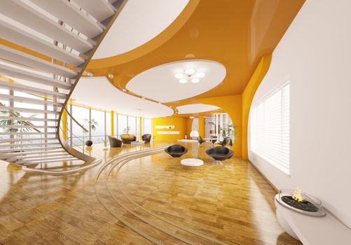 Interior design of modern apartment living room hall 3d render