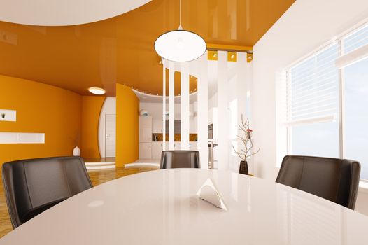 Interior design of modern dining room and kitchen 3d render