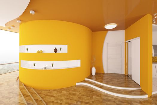 Modern interior design of orange entrance hall 3d render