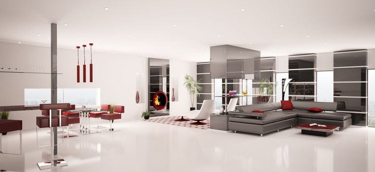 Interior of modern white living dining room panorama 3d render