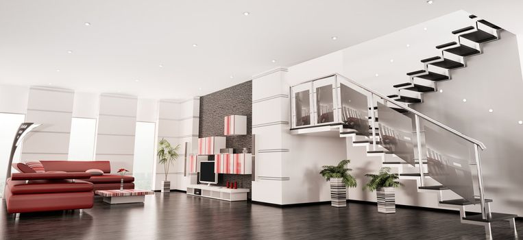 Modern apartment with staircase interior panorama 3d render